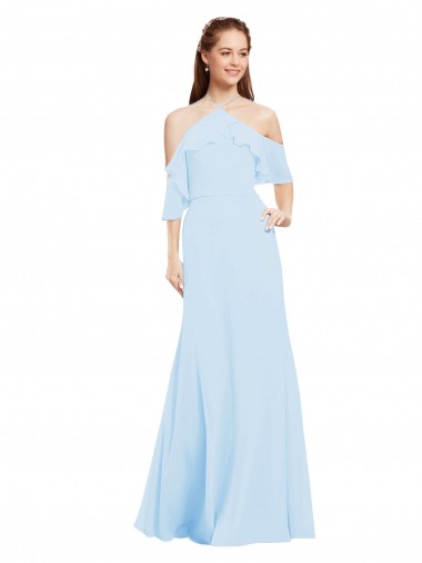 Cold Shoulder Halter Neck Soft Chiffon Light Sky Blue Long Formal Dress / Bridesmaid Dress London