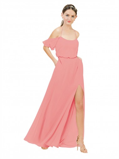 Sleeveless Off the Shoulder Soft Chiffon Watermelon Long Bridesmaid Dress London