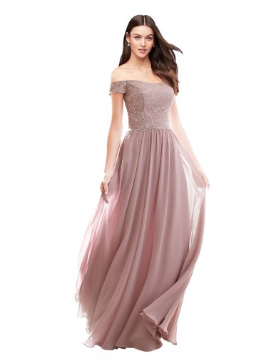 Cap Sleeves Off the Shoulder Soft Chiffon & Lace Pink Long Bridesmaid Dress London