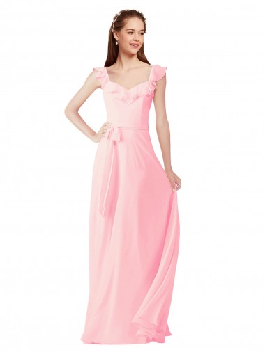 Cap Sleeves V-Neck Soft Chiffon Pink Long Bridesmaid Dress London