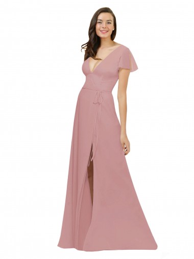 Flutter Sleeves V-Neck Chiffon Dusty Pink Long Bridesmaid Dress / Evening Dress London