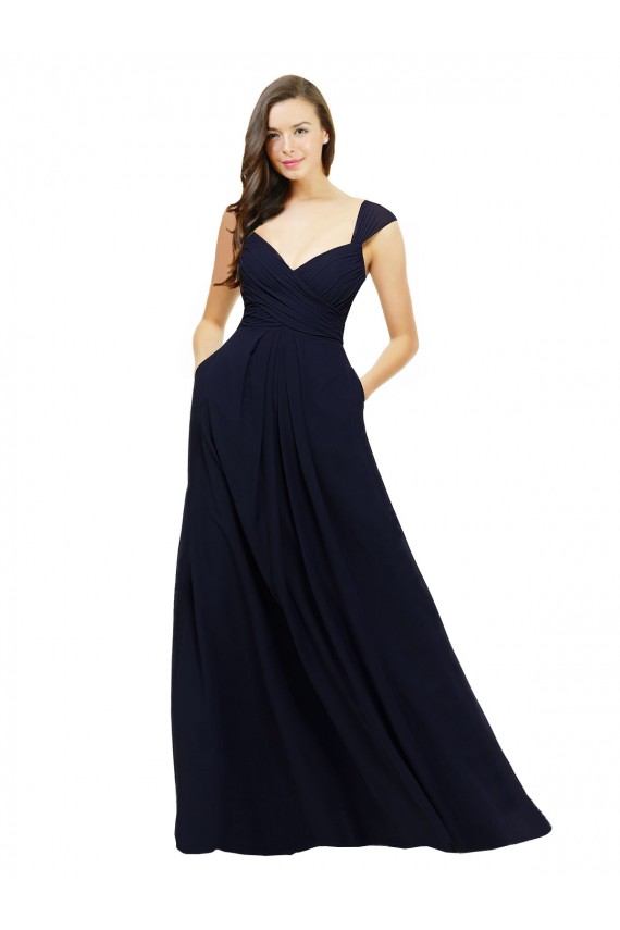 Sleeveless Sweetheart Chiffon Dark Navy Long Bridesmaid Gowns London