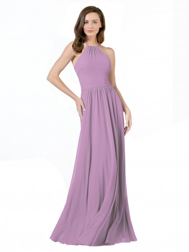 Sleeveless Halter Neck Soft Chiffon Dark Lavender Long Bridesmaid Dress London