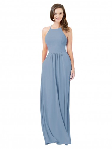 Sleeveless Halter Neck Chiffon Dusty Blue Long Bridesmaid Gowns London