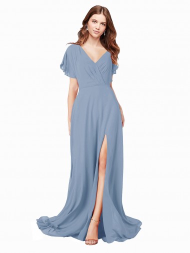 Cap Sleeves V-Neck Soft Chiffon Dusty Blue Long Black Tie Prom Dress / Bridesmaid Dress London