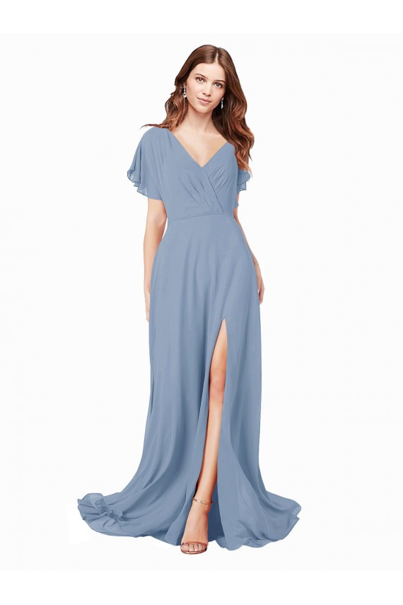 Cap Sleeves V-Neck Soft Chiffon Dusty Blue Long Black Tie Prom Dress / Bridesmaid Dress London