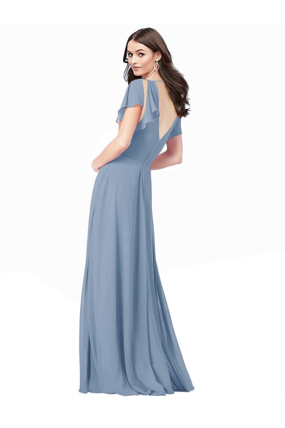 Cap Sleeves V-Neck Soft Chiffon Dusty Blue Long Black Tie Prom Dress / Bridesmaid Dress London