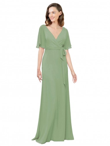 Short Flutter Sleeves V-Neck Soft Chiffon Seagrass Long Bridesmaid Dress London