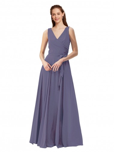 Sleeveless V-Neck Soft Chiffon Silver Stone Long Bridesmaid Dress London