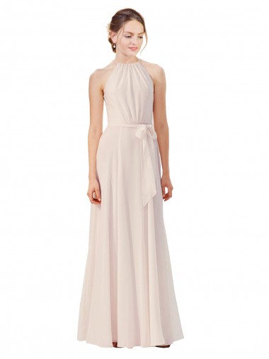 Sleeveless High Neck Soft Chiffon Cream Pink Long Bridesmaid Dress London