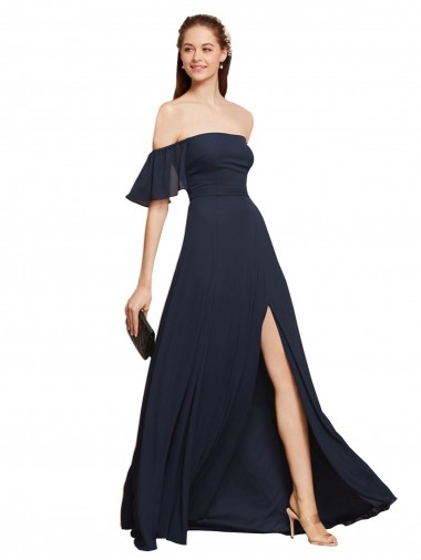 Sleeveless Off the Shoulder Soft Chiffon Dark Navy Long Prom Dress / Bridesmaid Dress London