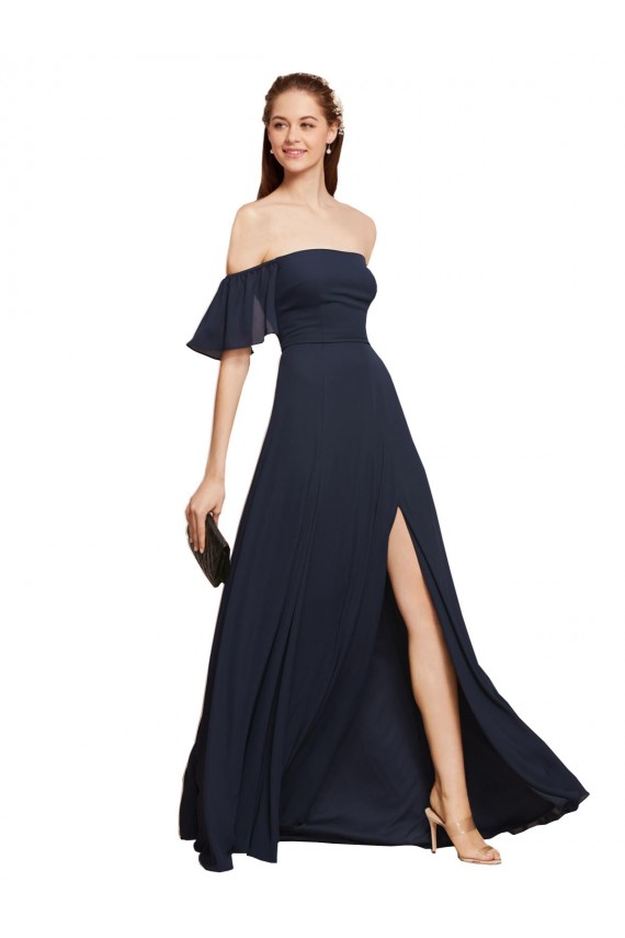 Sleeveless Off the Shoulder Soft Chiffon Dark Navy Long Prom Dress / Bridesmaid Dress London