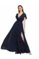 Cap Sleeves V-Neck Chiffon Dark Navy Long Evening Gowns / Bridesmaid Dresses London