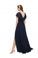 Cap Sleeves V-Neck Chiffon Dark Navy Long Evening Gowns / Bridesmaid Dresses London