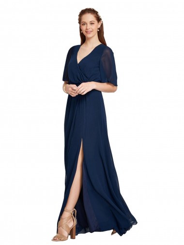 Flutter Sleeves V-Neck Soft Chiffon Dark Navy Long Bridesmaid Dress / Formal Dress London