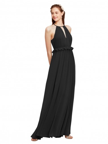 Sleeveless Halter Neck Soft Chiffon Black Long Bridesmaid Dress London