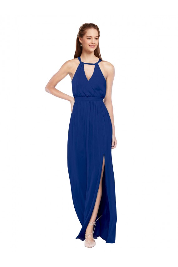 Sleeveless High Neck Soft Chiffon Royal Blue A-Line Long Bridesmaid Dress London