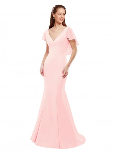 Flutter Sleeves V-Neck Soft Chiffon Pink Long Bridesmaid Dress London