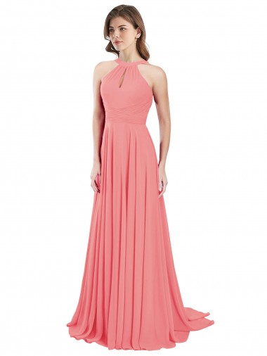 Sleeveless Halter Neck Chiffon Watermelon Long Bridesmaid Dress / Evening Dress London