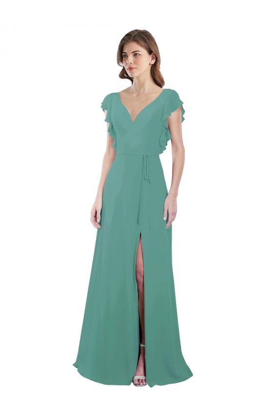 Cap Sleeves V-Neck Soft Chiffon Icelandic Silver Long Formal Dress / Bridesmaid Dress London