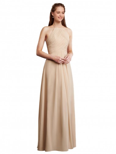 Sleeveless Halter Neck Soft Chiffon Champagne Long Bridesmaid Dress London