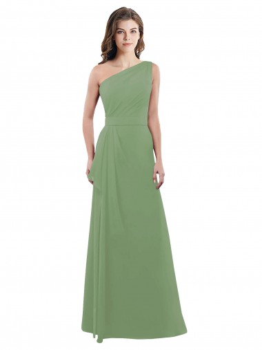 Sleeveless One Shoulder Soft Chiffon Seagrass Long Bridesmaid Dress London