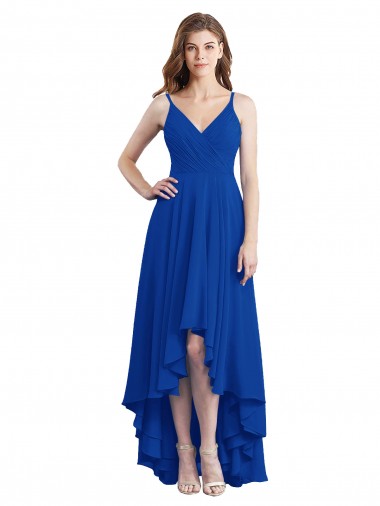 Sleeveless Spaghetti Straps Soft Chiffon Royal Blue Long High Low Bridesmaid Dress London