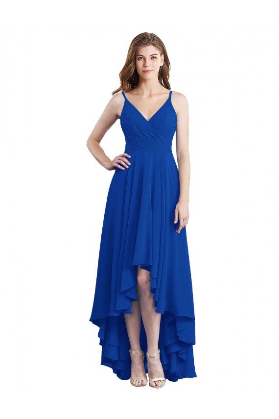 Sleeveless Spaghetti Straps Soft Chiffon Royal Blue Long High Low Bridesmaid Dress London