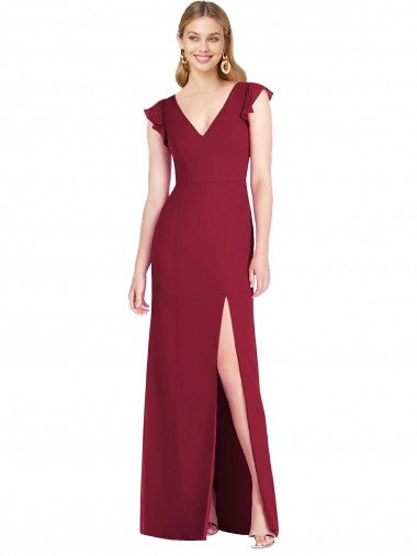 Ruffle Sleeves V-Neck Soft Chiffon Burgundy Long Bridesmaid Dress London