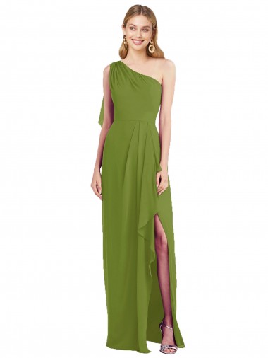 Sleeveless One Shoulder Soft Chiffon Olive Green Long Bridesmaid Dress London