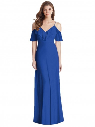 Cold Shoulder V-Neck Soft Chiffon Royal Blue Long Semi Formal Evening Dress / Bridesmaid Dress London