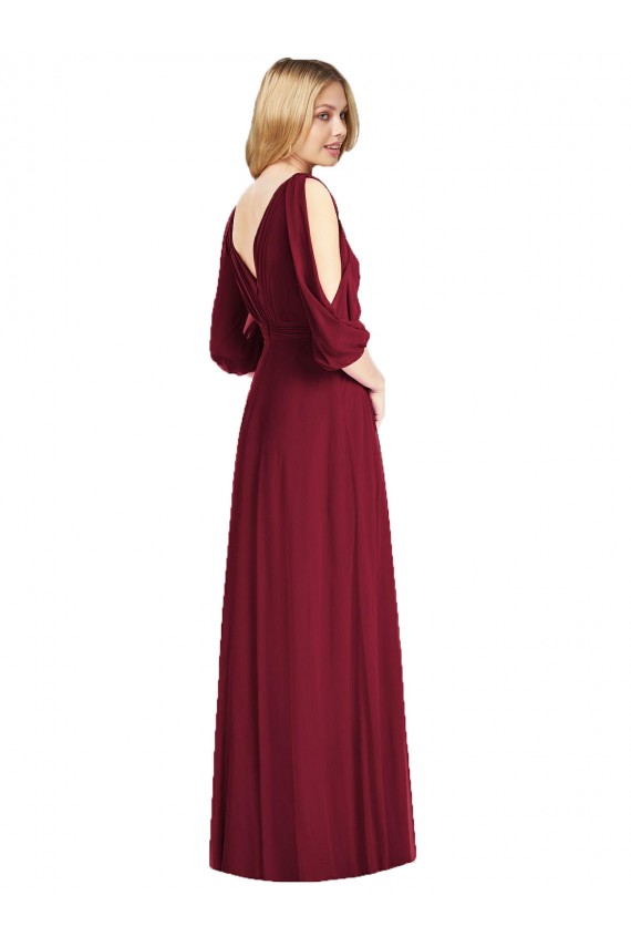 Bell Sleeves V-Neck Soft Chiffon Burgundy Long Formal Dress / Bridesmaid Dress London