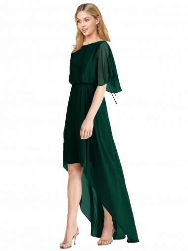 Flutter Sleeves Round Neck Soft Chiffon Ever Green High Low Bridesmaid Dress London