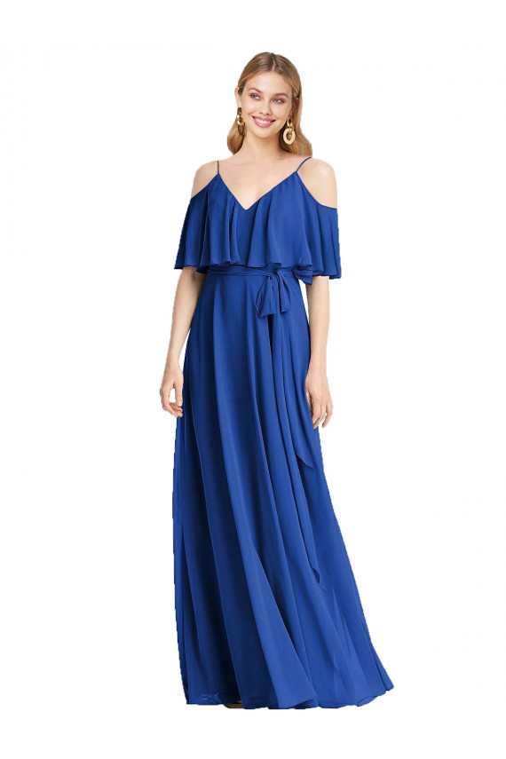 Cold Shoulder V-Neck Chiffon Royal Blue Long Bridesmaid Dress London