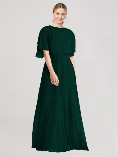 Flutter Sleeves Round Neck Soft Chiffon Ever Green Long Bridesmaid Dress London