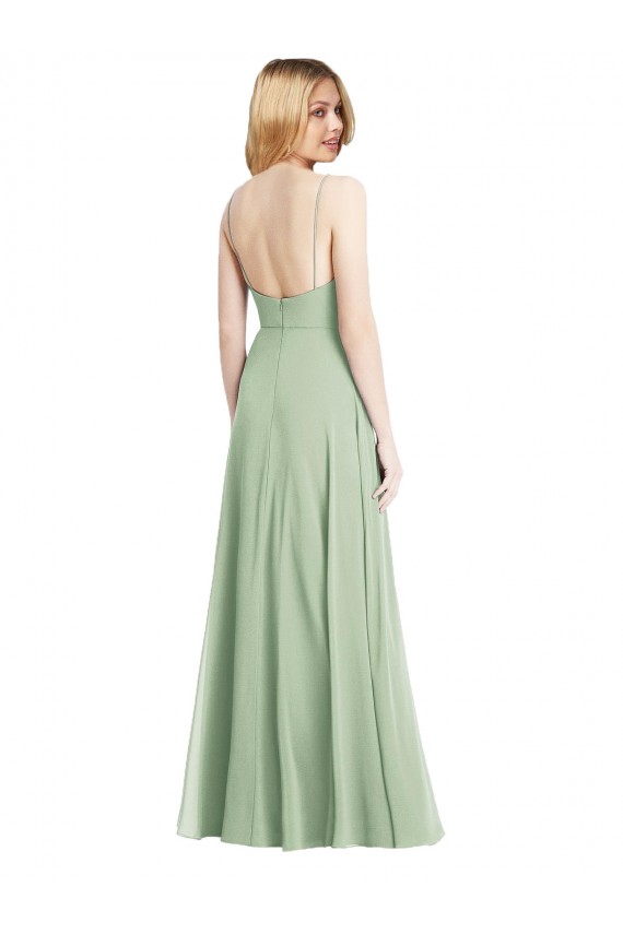 Sleeveless Square Neck Soft Chiffon Sage Long Formal Evening Gown / Bridesmaid Dress London