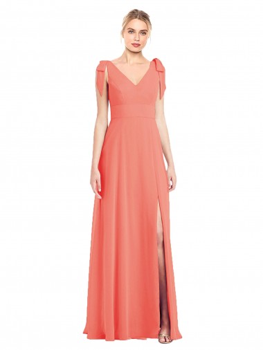 Sleeveless V-Neck Soft Chiffon Coral Trumpet Long Bridesmaid Dress London