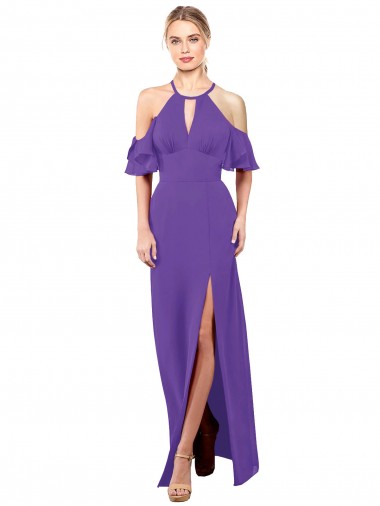 Ruffle Sleeves Halter Neck Soft Chiffon Purple Long Bridesmaid Dress London