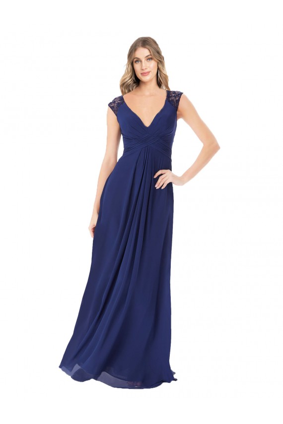 Cap Sleeves V-Neck Soft Chiffon Sapphire Long Bridesmaid Dress London