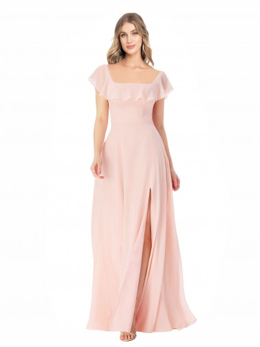 Cap Sleeves Square Neck Soft Chiffon Pink Long Formal Dress / Bridesmaid Dress London