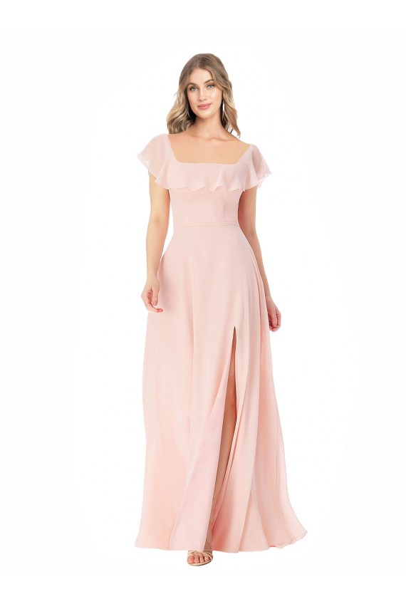 Cap Sleeves Square Neck Soft Chiffon Pink Long Formal Dress / Bridesmaid Dress London