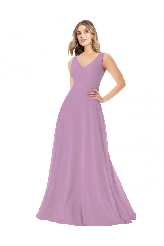 Sleeveless V-Neck Soft Chiffon Dark Lavender Long Bridal Party Dress London