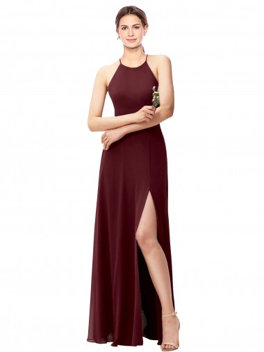 Sleeveless High Neck Soft Chiffon Burgundy Gold Long Bridesmaid Dress London