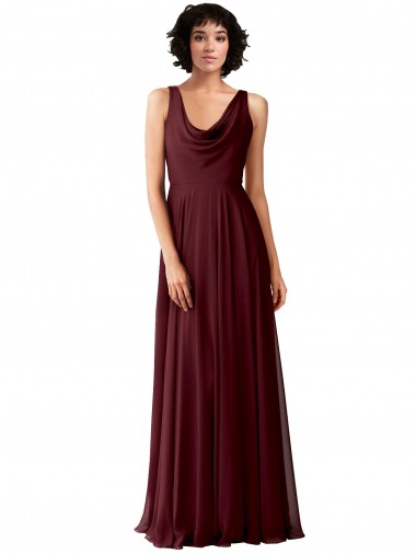 Sleeveless Cowl Neck Soft Chiffon Burgundy Gold Long Bridesmaid Dress London