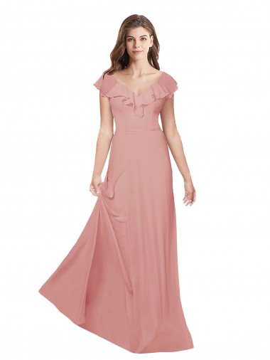 Flutter Sleeves V-Neck Chiffon Bliss Pink Long Bridesmaid Dress / Evening Dress London