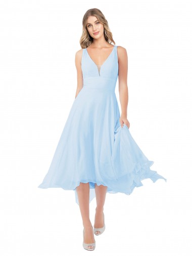 Sleeveless V-Neck Soft Chiffon Light Sky Blue Midi Length Bridesmaid Dress London