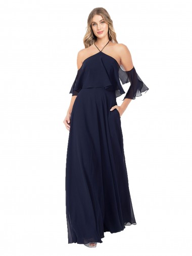 Flutter Sleeves High Neck Soft Chiffon Dark Navy Long Formal Dress / Bridesmaid Dress London