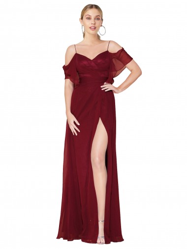 Cold Shoulder High Neck Soft Chiffon Burgundy Long Formal Evening Gown / Prom Dress / Bridesmaid Dress London