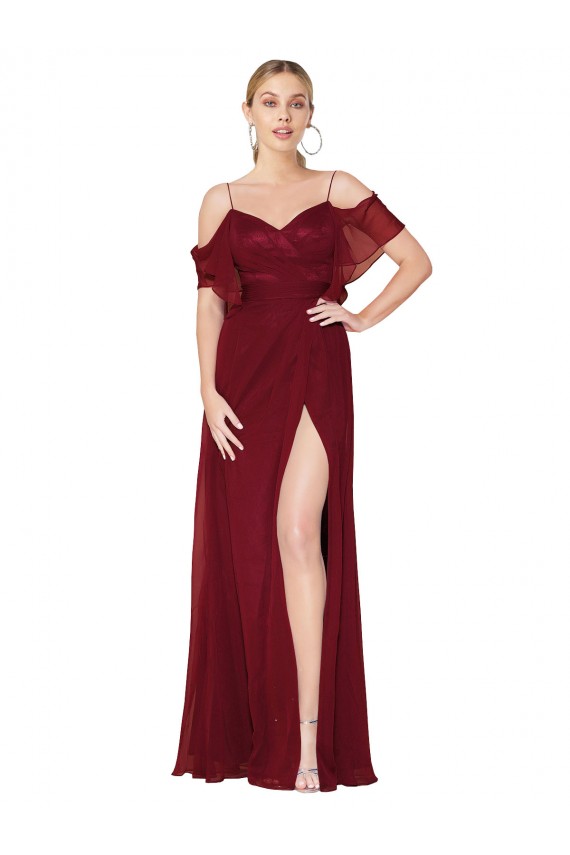 Cold Shoulder High Neck Soft Chiffon Burgundy Long Formal Evening Gown / Prom Dress / Bridesmaid Dress London