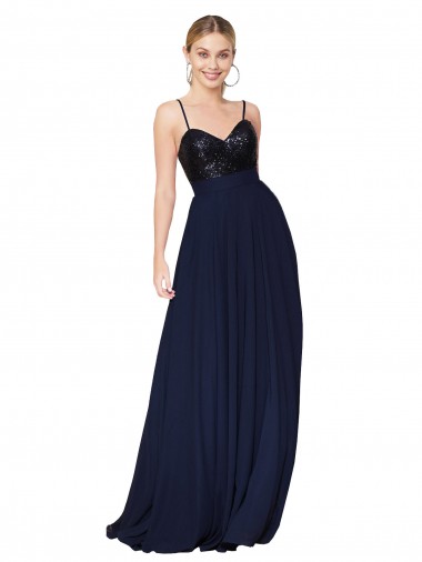 Sleeveless High Neck Soft Chiffon & Sequin Dark Navy Long Semi Formal Evening Dress / Prom Dress / Bridesmaid Dress London